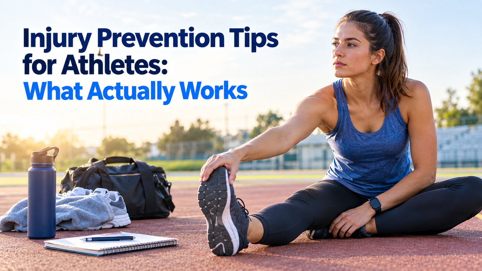 Athlete warming up and stretching before exercise, demonstrating practical injury prevention techniques such as proper form, mobility, and recovery.