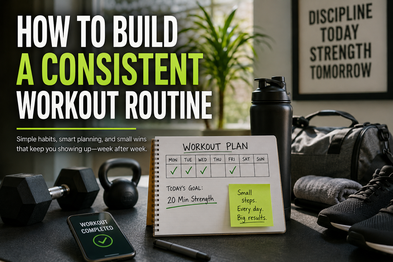 Workout routine with simple exercises and a consistent schedule for building healthy fitness habits.
